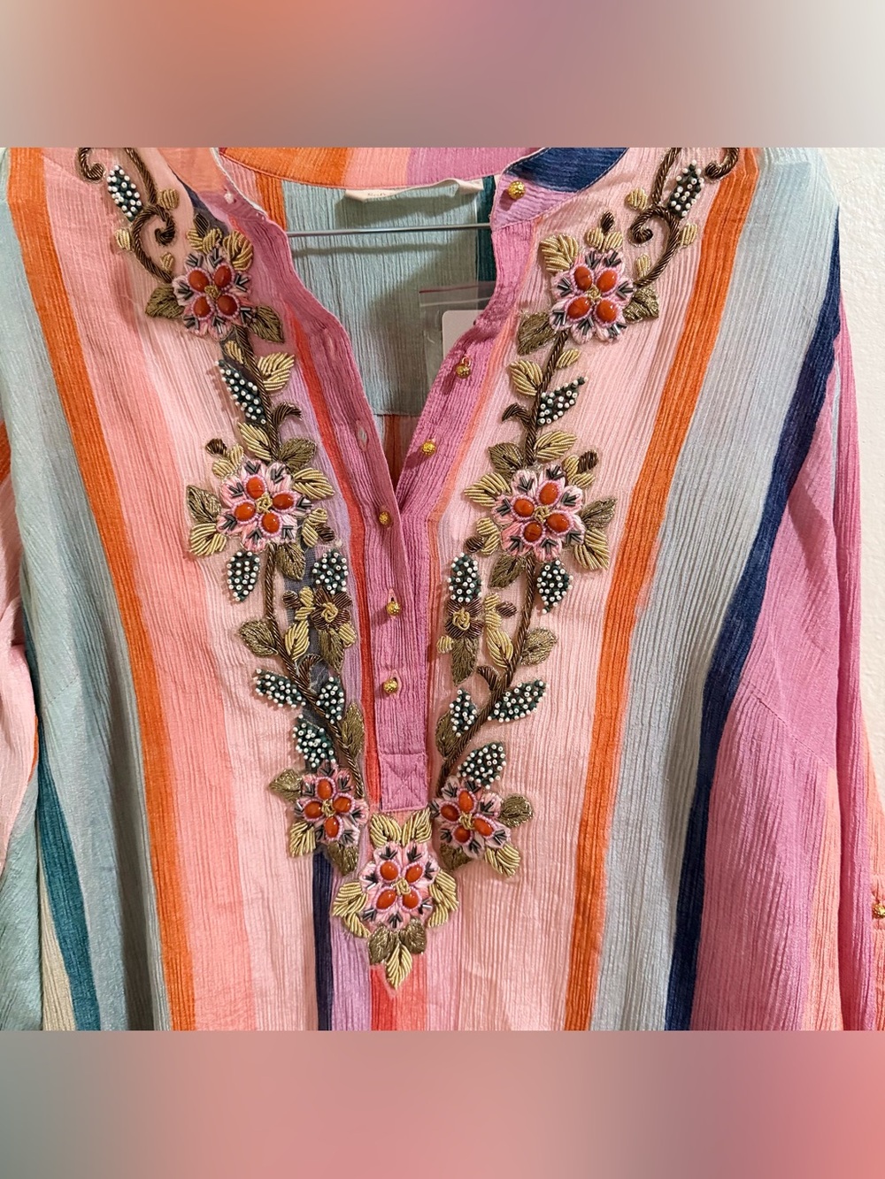 Soft Surroundings Aruba Striped Embroidered Gauze Caftan Maxi Dress M NWT - Picture 6 of 15